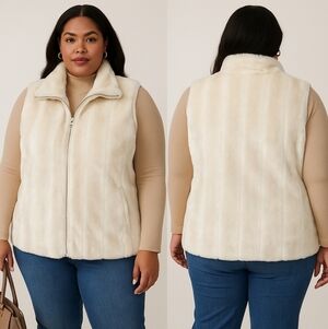 Ivory Cream Faux Fur Vest Rich Elegant Luxurious Plus Size Pockets Zippered Euc